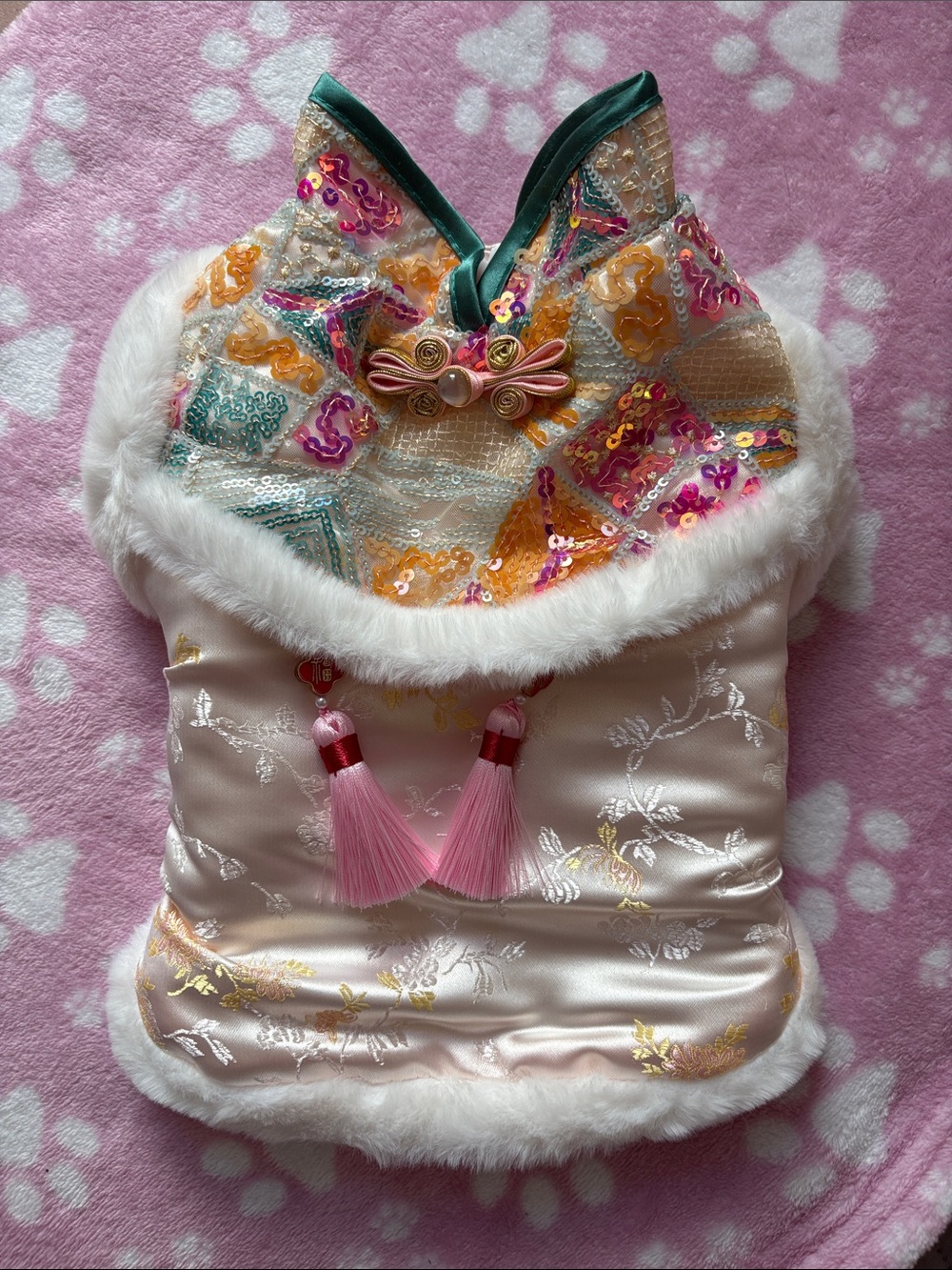 New year Embellished Satin & Faux Fur Pet Hooded Coat - Pink Multicolor